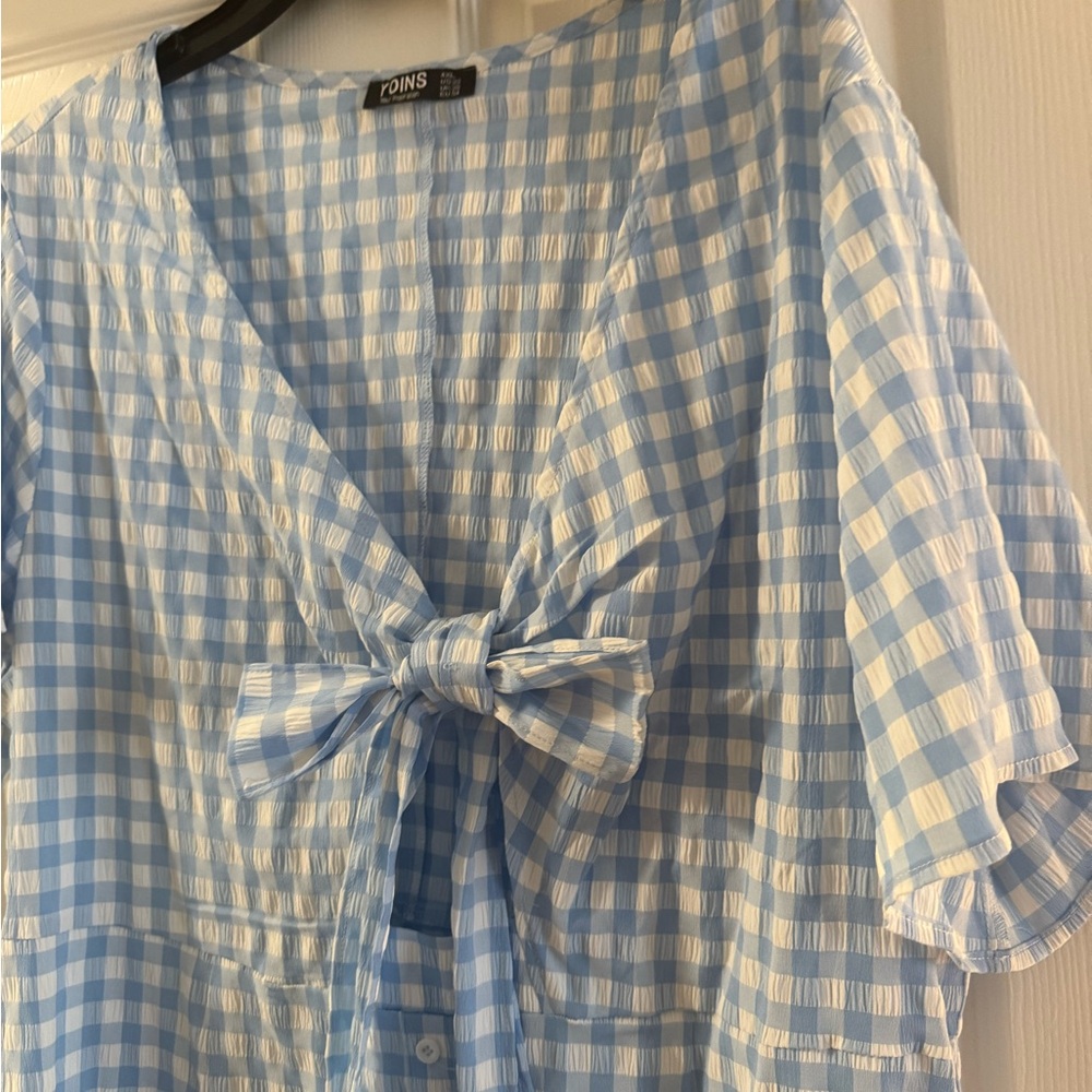 YOINS Blue and White Relaxed Tie Front Dress